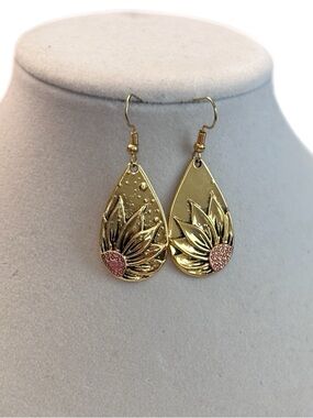 Gold Teardrop Sunflower Earrings with Pink Center Accents